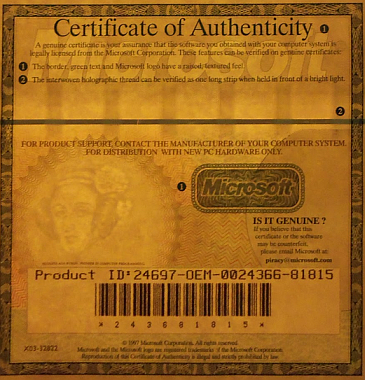 Certyfikat autentyczności Microsoftu z podobizną Ady Lovelace