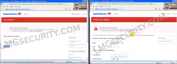 Witryna Bank of America -- po prawej stronie wynik ataku MitB