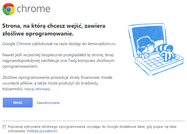 Google Chrome ostrzega przed zagrożeniem