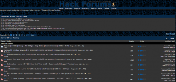 Hackforums.net — sprzedaż usług „Server Stress Testing”.