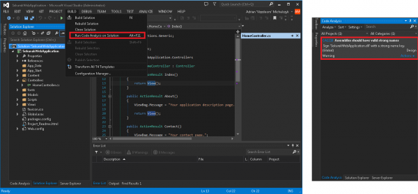 Uruchamianie FxCop przez Visual Studio 2013.