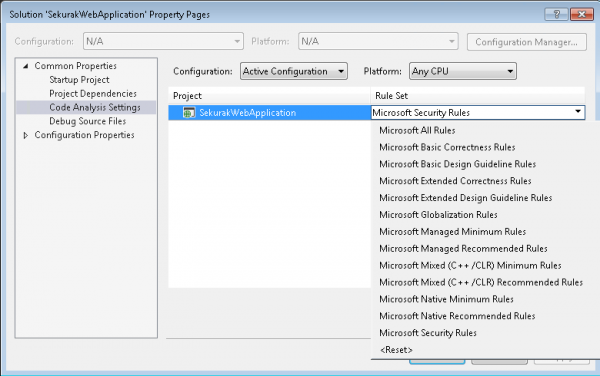 Konfiguracja reguł FxCop dla każdego projektu w solucji Visual Studio.