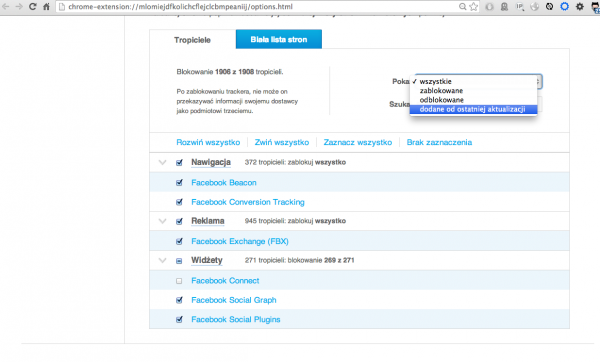 Po aktualizacji musimy ręcznie zaznaczyć nowe trackery, które chcemy dodać do listy blokowanych, jeśli nie zaznaczyliśmy odpowiedniej opcji w ustawieniach.