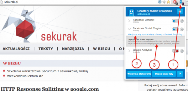 Ghostery daje nam szczegółowy obraz aktualnej sytuacji w odwiedzanym serwisie - kto próbuje uzyskać o nas informacje lub "wcisnąć" nam niepożądany plugin.