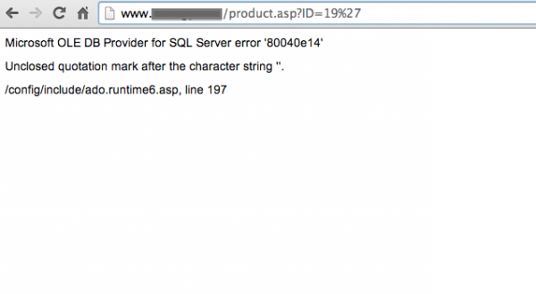 Strona ASP.NET podatna na atak SQL Injection - test z apostrofem w parametrze o nazwie ID