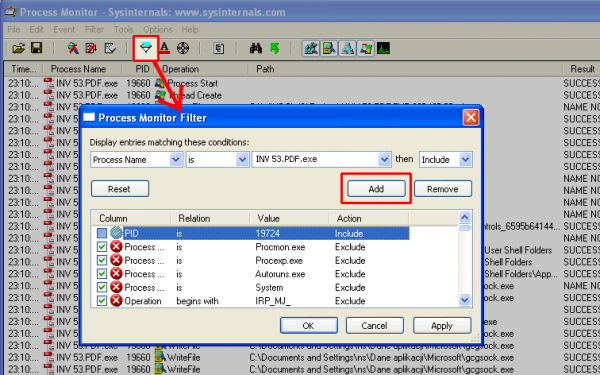 Process Monitor - definicja filtru