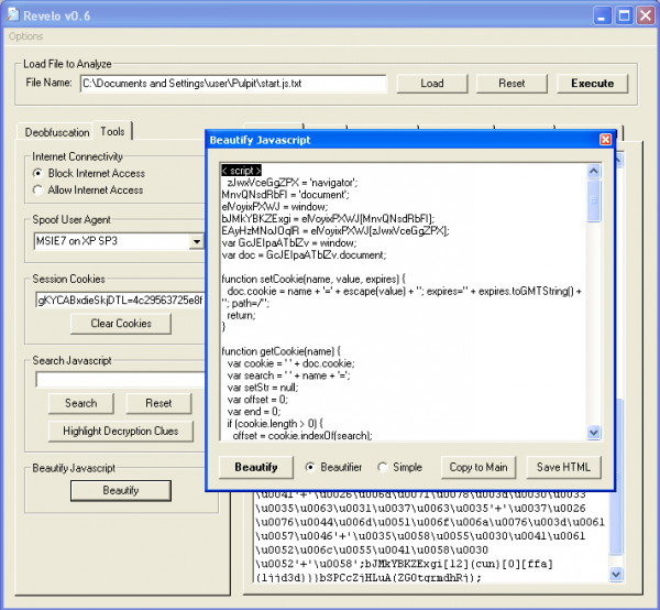 Foto3. Upiększanie kodu wewnątrz Revelo. Zaznaczony przerobiony tag <script>, który po upiększeniu staje się nieczytelny dla emulatora JS.
