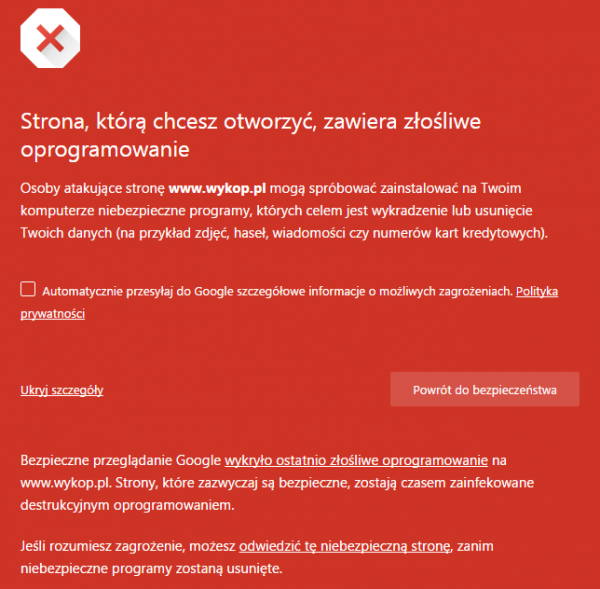 Google Safe Browsing ostrzega przed Wykop.pl