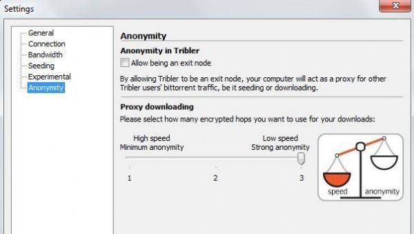 Tribler -- ustawienia anonimowości