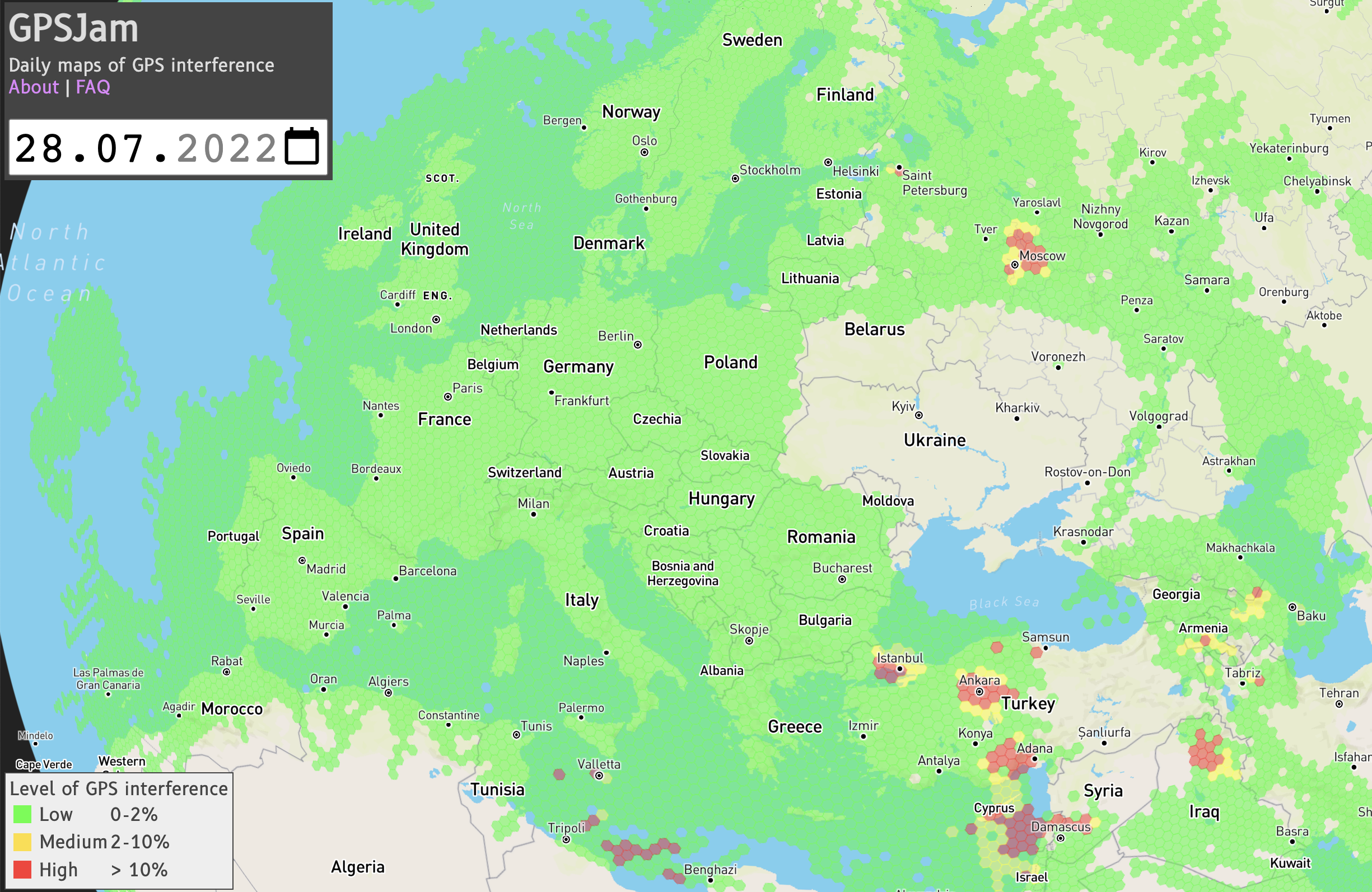 GPSJam – aktualizowana ~na żywo mapa zagłuszania GPS na całym świecie