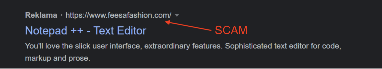 Umieścili fałszywe reklamy Notepad++ i OBS Studio w wyszukiwarce Google. Dodatkowo natrafiliśmy na kopalnię złośliwych stron [ANALIZA]