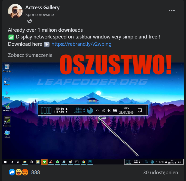 Reklama na Facebooku promująca narzędzie do sprawdzania szybkości łącza internetowego. Uwaga, to malware!