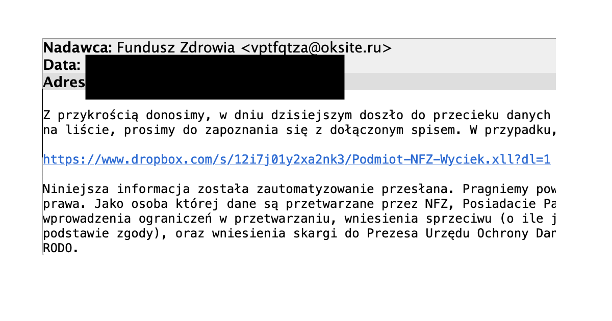 "Doszło do przecieku danych związanych z firmami współpracującymi z NFZ" – uwaga na e-maile ze złośliwym oprogramowaniem