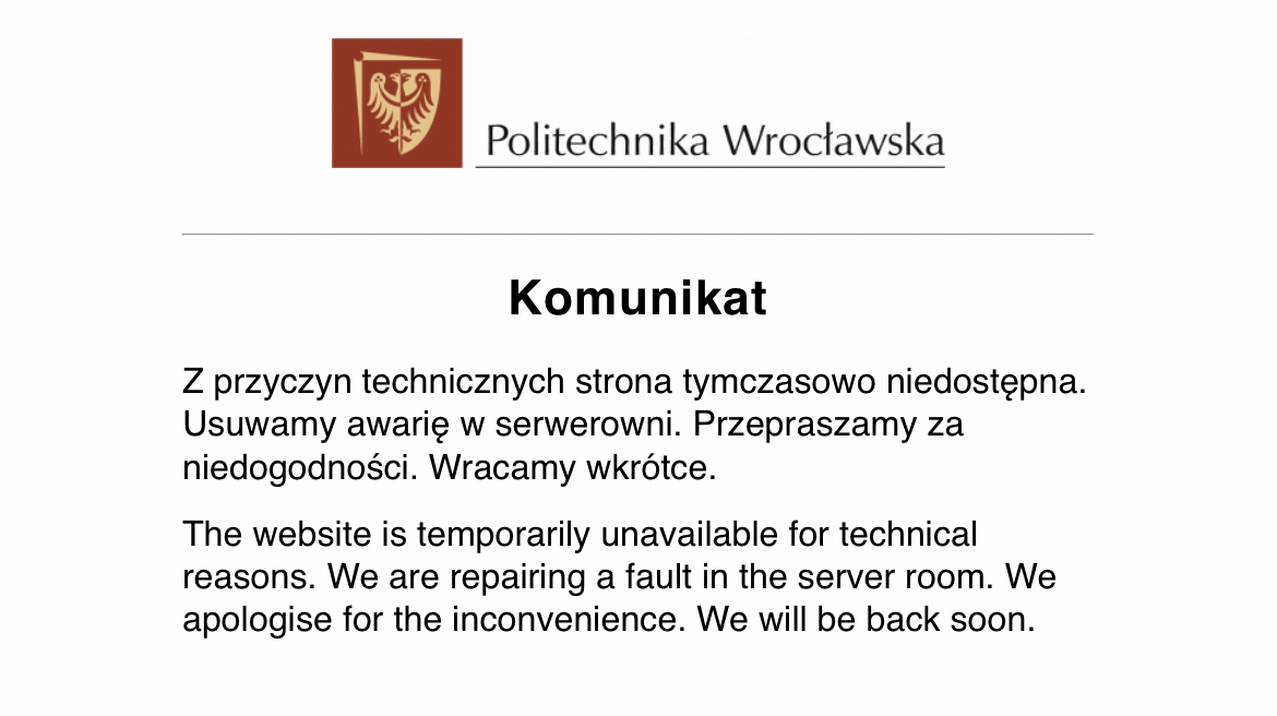 Politechnika Wrocławska zrobiła ćwiczenia ewakuacyjne. "Wystrzeliła" instalacja gaśnicza w serwerowni. Serwery nie działają.