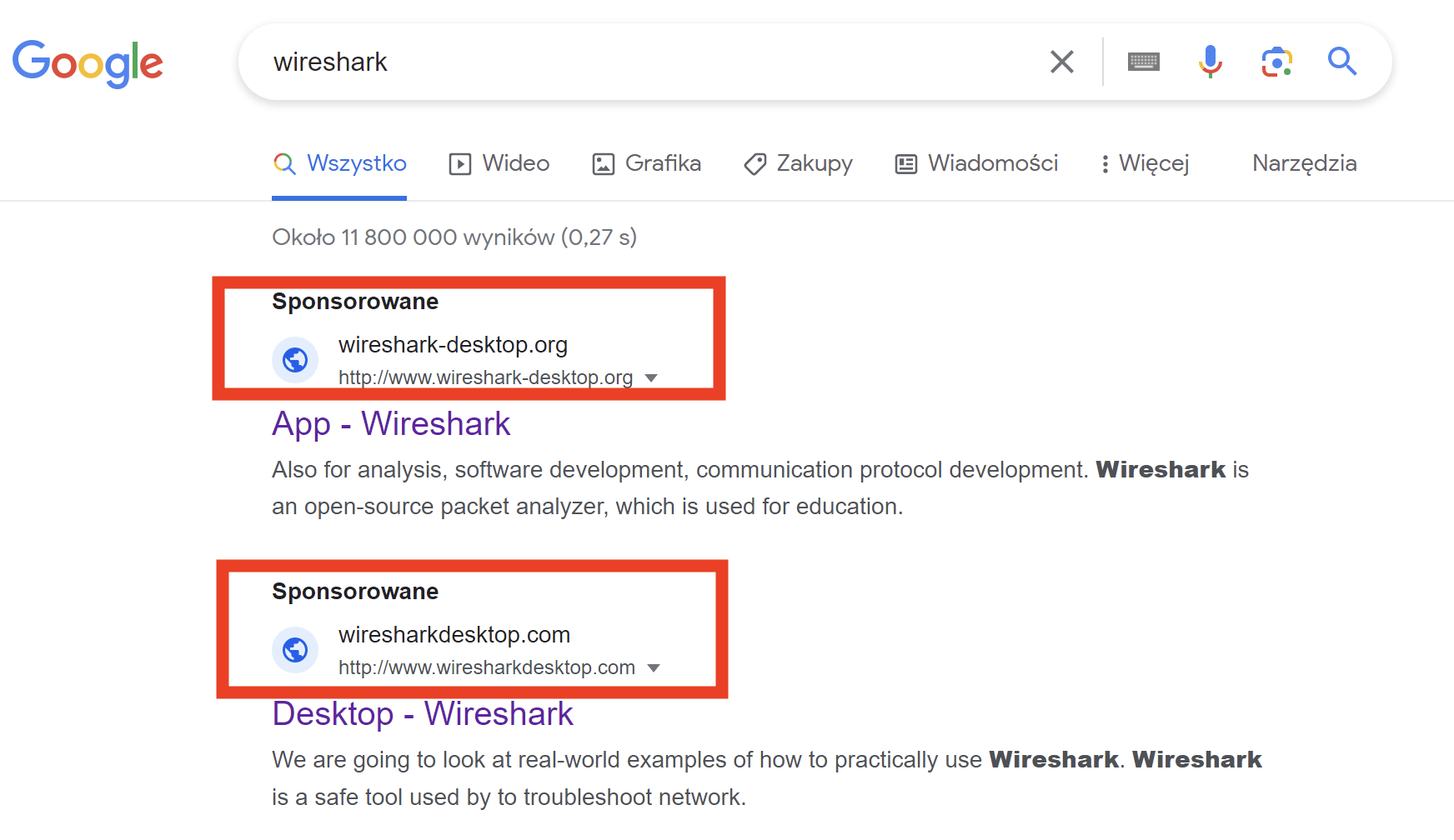 Tomek próbował pobrać Wiresharka. Wpisał w Google: wireshark, a tu taka niespodzianka. O krok od infekcji.