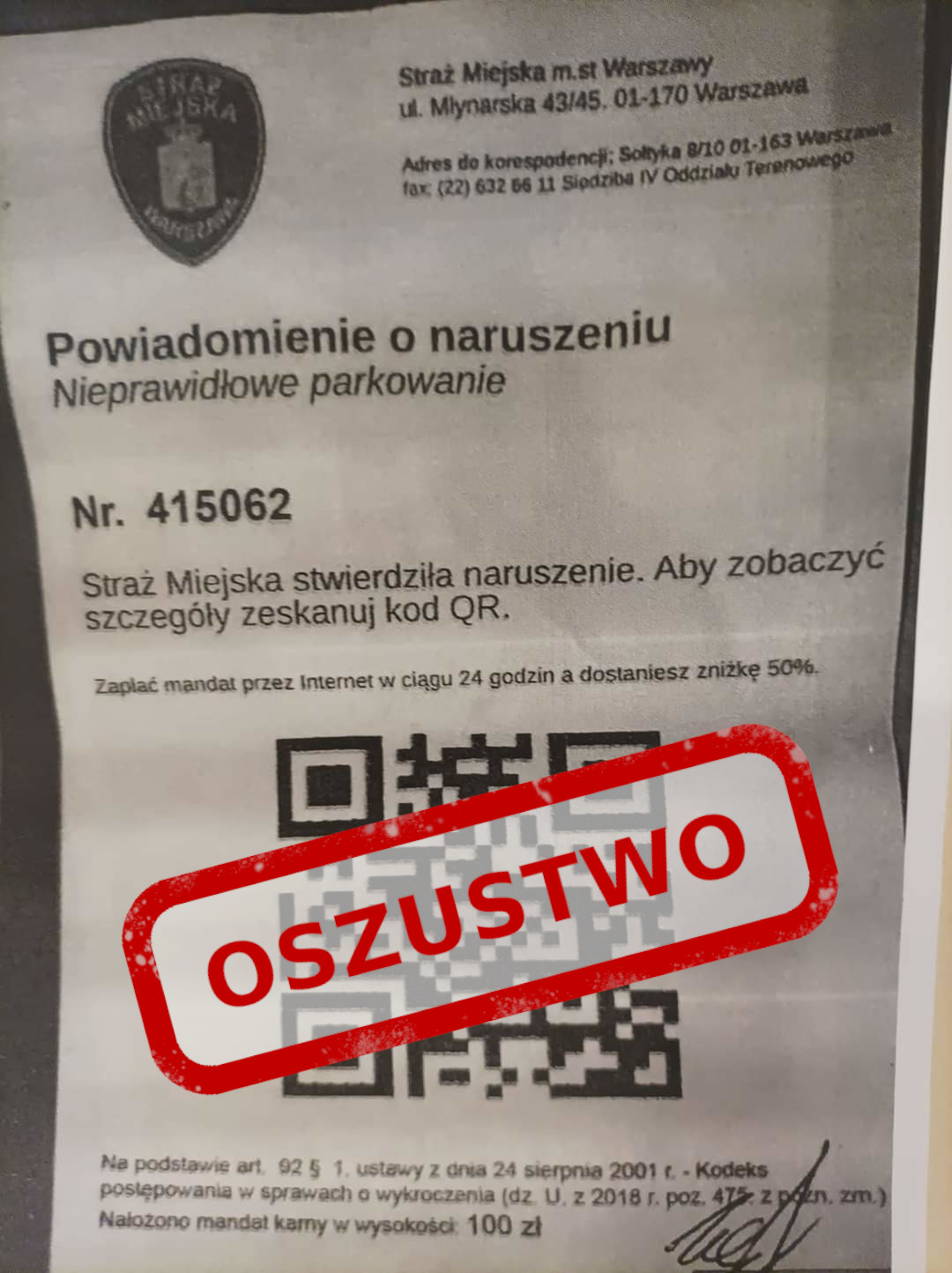 Fałszywe mandaty za parkowanie w Warszawie. Kod QR prowadzi do fałszywej strony, wykradającej dane kart płatniczych