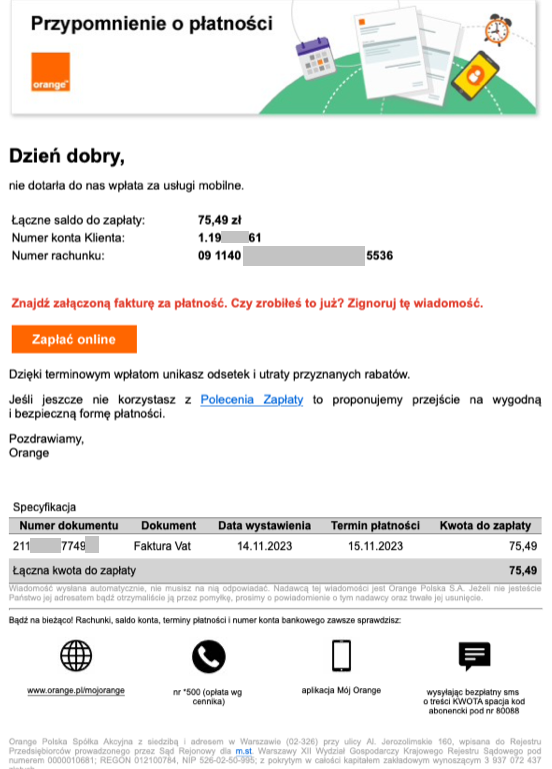 Orange ostrzega o fałszywych fakturach Orange. W mailu są pewne prawdziwe dane klienta… tylko załącznik jest zainfekowany