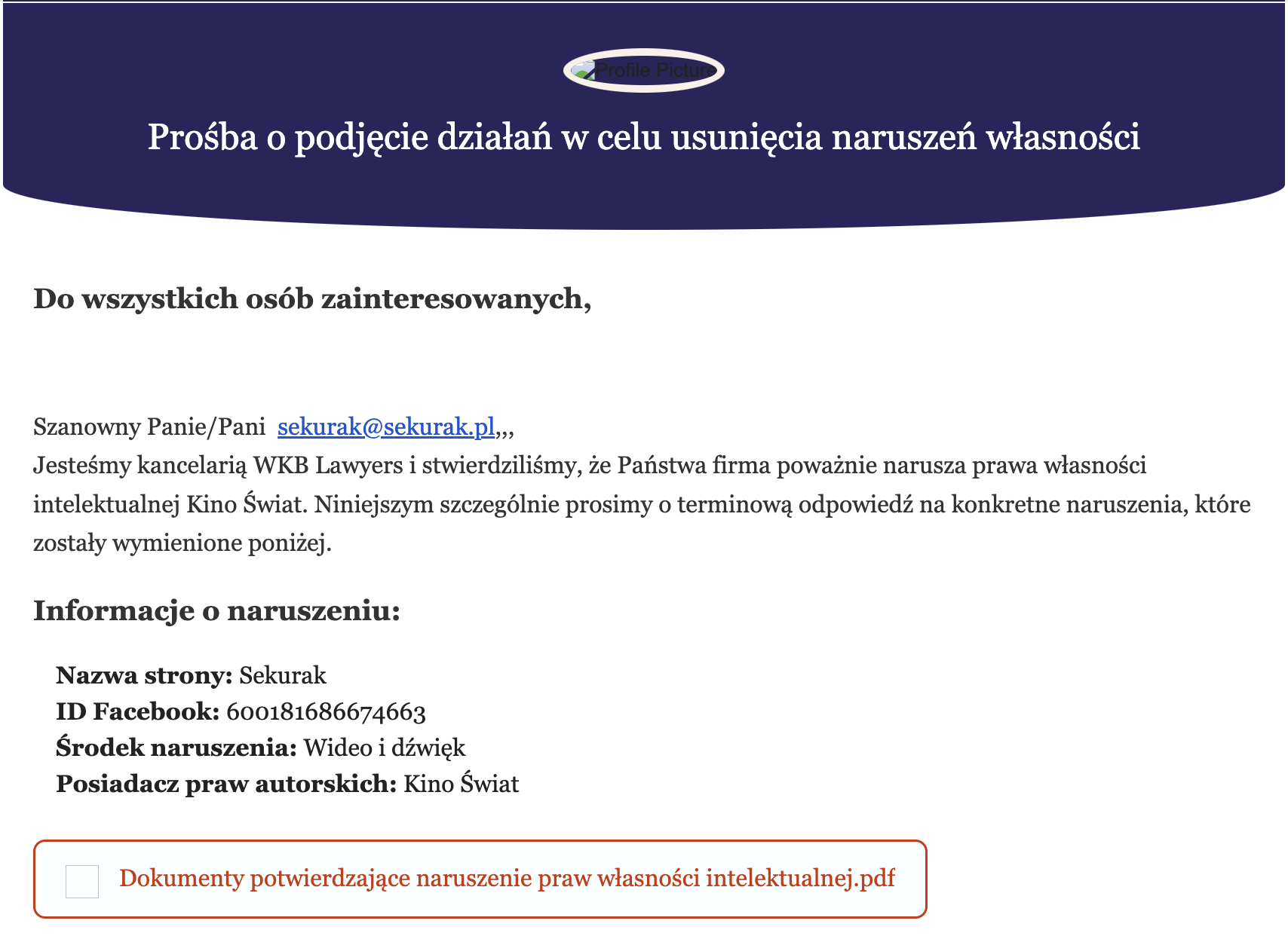 Straszą sekuraka konsekwencjami prawnymi! A nie, czekaj to scam pismo podszywające się pod jedną z kancelarii prawnych.