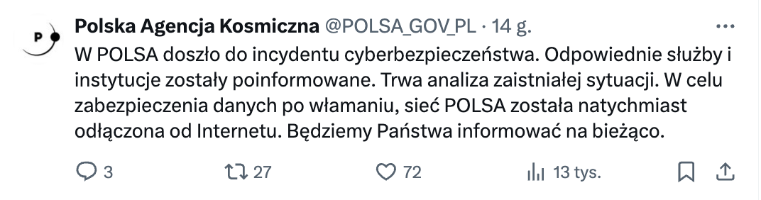 Polska Agencja Kosmiczna zhackowana. Systemy odcięte od Internetu.