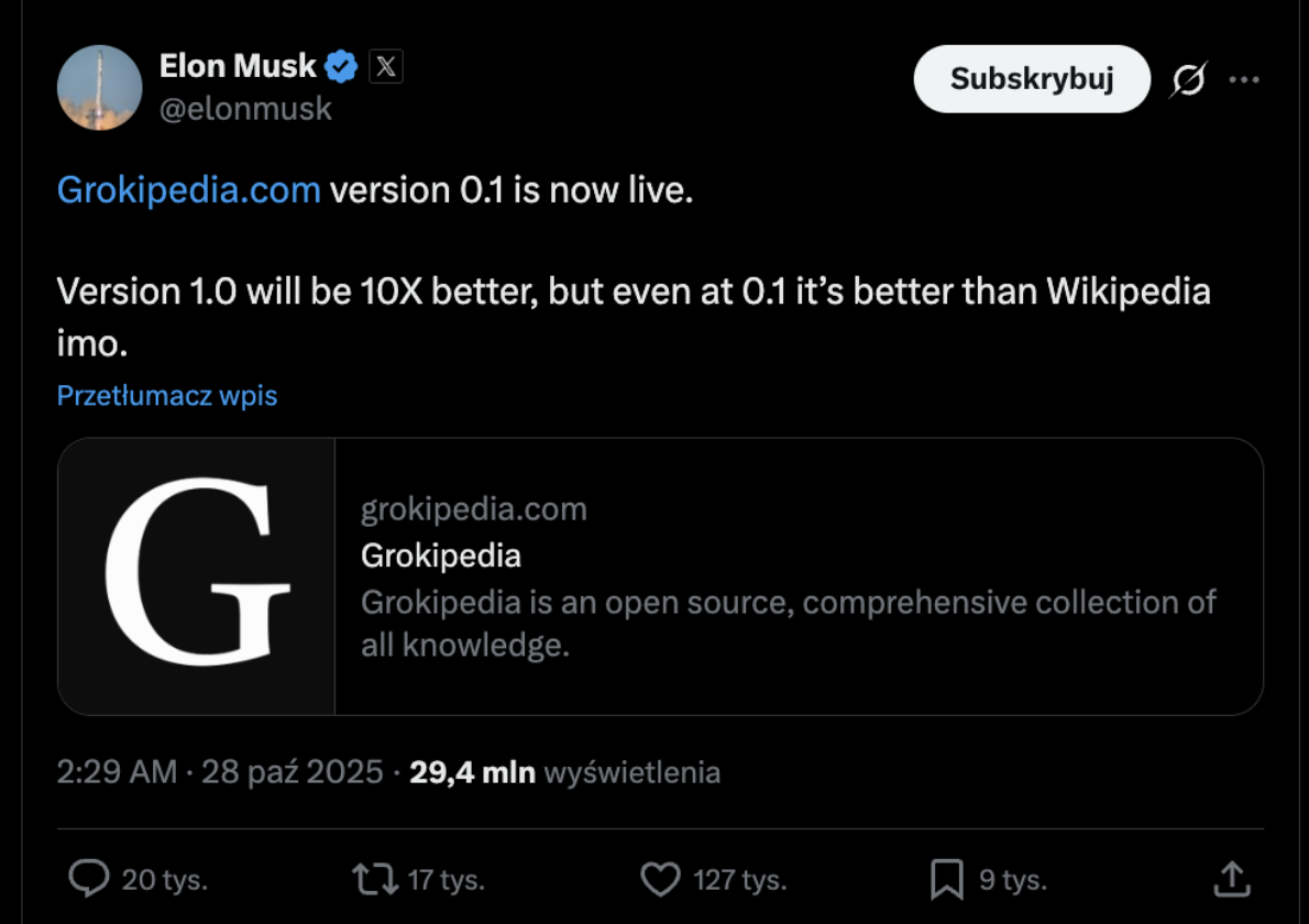Grokipedia: Elon Musk stworzył pierwszą encyklopedię AI