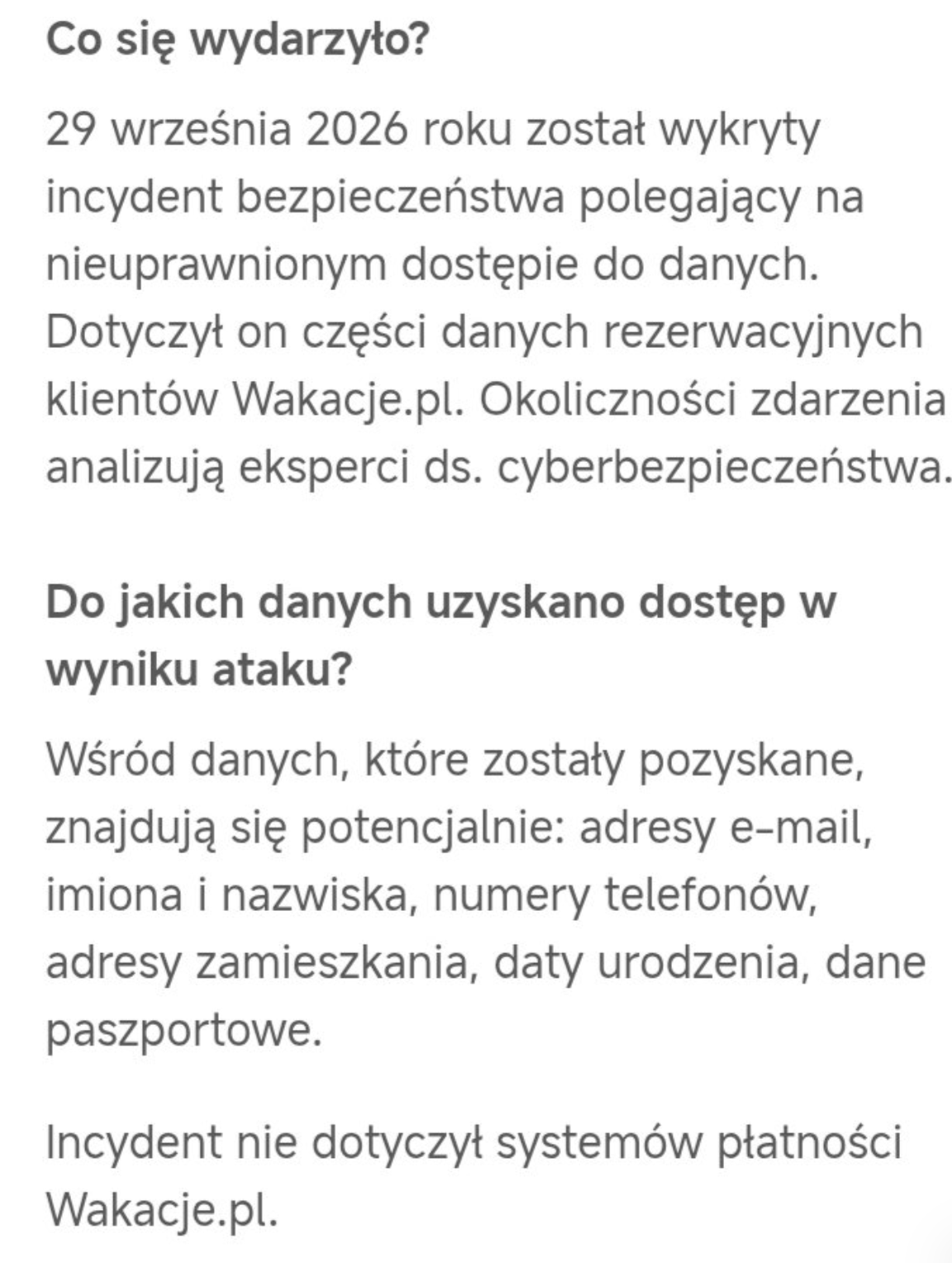 Wyciek z serwisu wakacje PL. Wyciekły w szczególności dane paszportowe